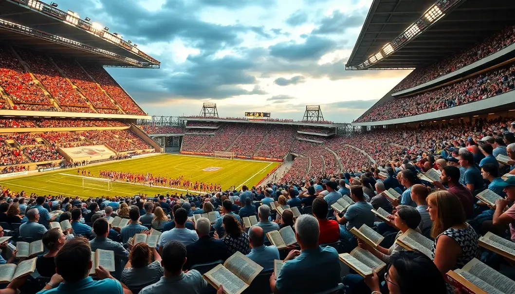 Sports stadium where fans read books, merging sports excitement with literary intrigue.