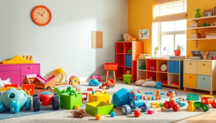 A trendy playroom with fashionably designed toys, showcasing modern safety standards.
