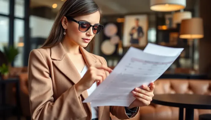 A fashion-forward individual checking a credit report in a stylish setting.