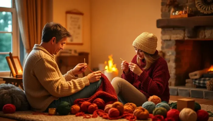 A couple knitting in a cozy, fireside setting.