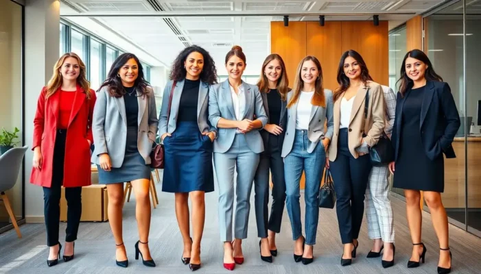 Diverse professional women in stylish office attire, blending classic and modern fashion.