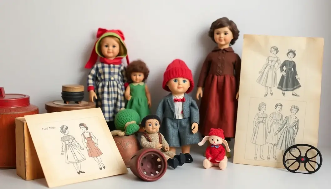 A collection of vintage toys parallels early fashion designs.